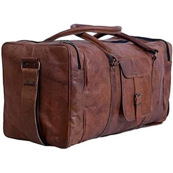 Travel Overnight Weekend Leather BagSports Gym Duffel for Men (BROWN)